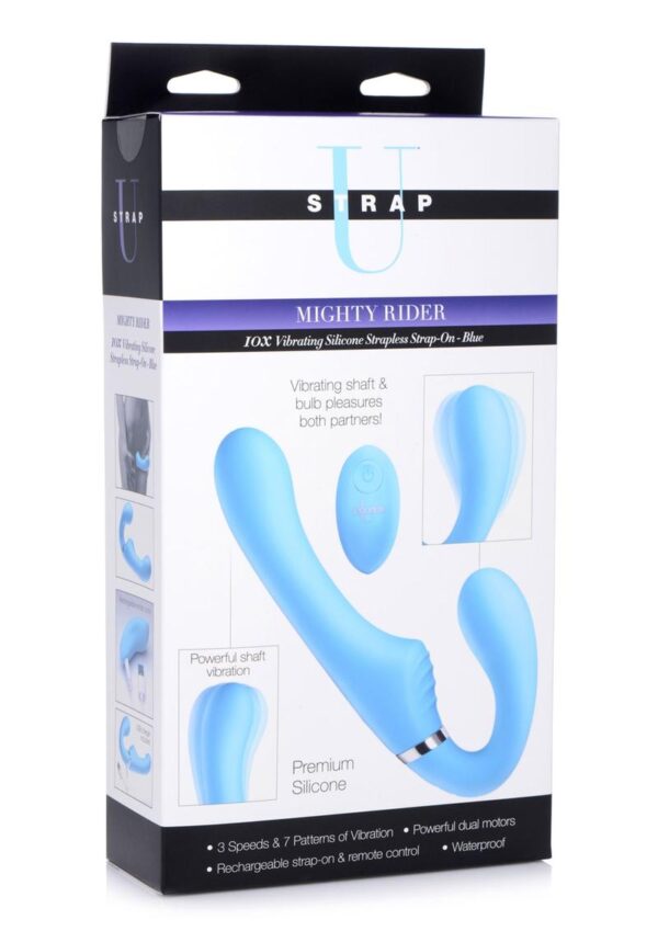 Strap U Mighty Rider 10x Silicone Rechargeable Strapless Strap-On with Remote Control - Blue