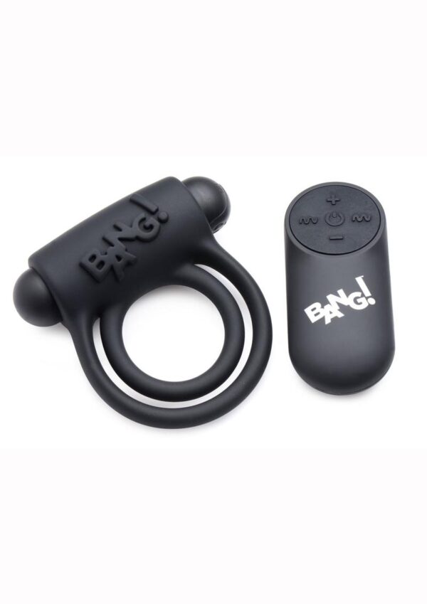 Bang! Silicone Rechargeable Cock Ring and Bullet with Remote Control - Black - Image 2
