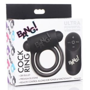 Bang! Silicone Rechargeable Cock Ring and Bullet with Remote Control - Black
