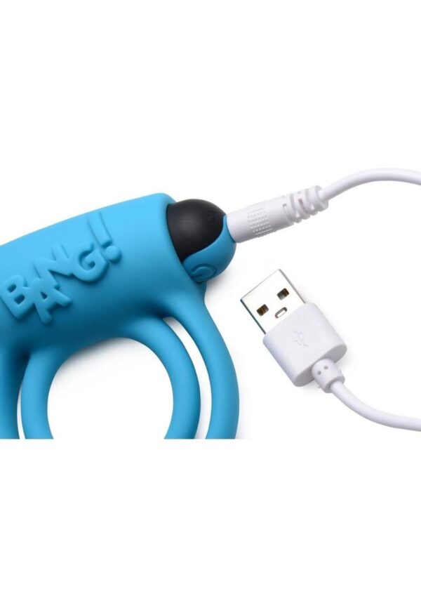 Bang! Silicone Rechargeable Cock Ring and Bullet with Remote Control - Blue - Image 3