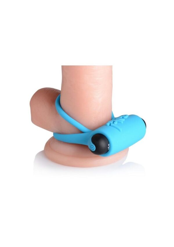 Bang! Silicone Rechargeable Cock Ring and Bullet with Remote Control - Blue - Image 4
