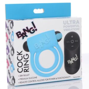 Bang! Silicone Rechargeable Cock Ring and Bullet with Remote Control - Blue