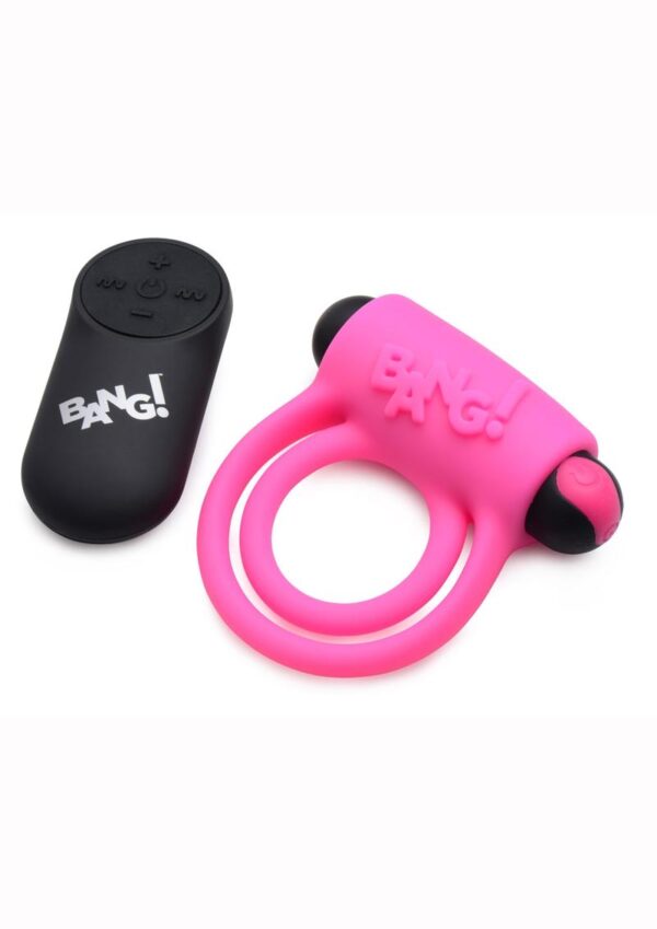 Bang! Silicone Rechargeable Cock Ring and Bullet with Remote Control - Pink - Image 2