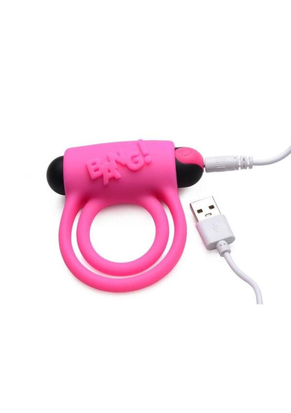 Bang! Silicone Rechargeable Cock Ring and Bullet with Remote Control - Pink - Image 3