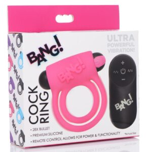 Bang! Silicone Rechargeable Cock Ring and Bullet with Remote Control - Pink