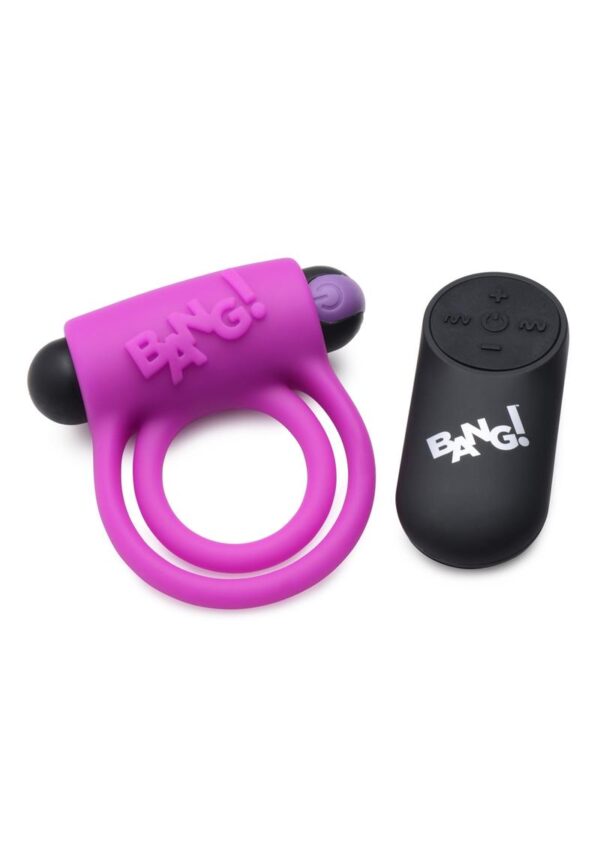 Bang! Silicone Rechargeable Cock Ring and Bullet with Remote Control - Purple - Image 2