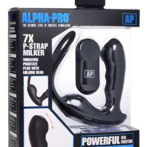 Alpha Pro 7X P-Strap Milker Silicone Rechargeable Vibrating Prostate Plug with Milking Bead, Cock and Ball Ring and Remote Control - Black