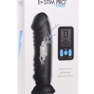 Zeus Vibrating and E-Stim Rechargeable Silicone Dildo with Remote Control 7.9in - Black