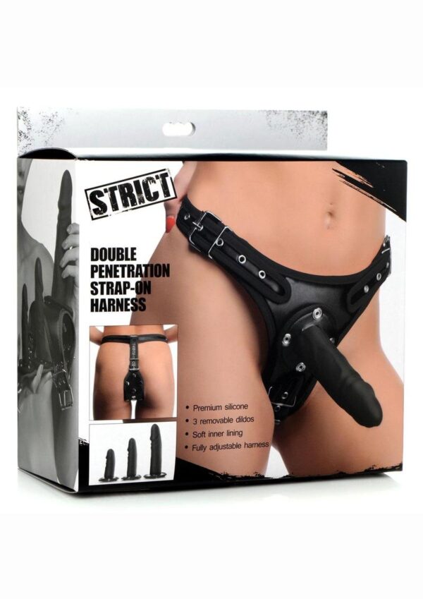 Strict Double Penetration Strap-On Harness with Silicone Dildos (3 pack) - Black