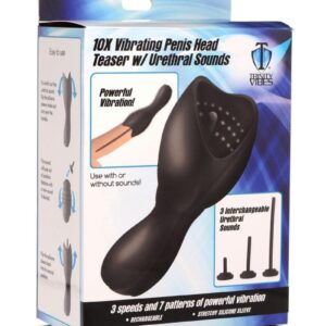 Trinity Men 10X Vibrating Rechargeable Silicone Penis Head Teaser with Urethral Sounds - Black