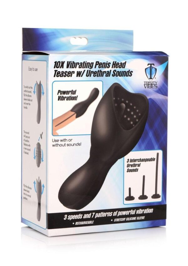 Trinity Men 10X Vibrating Rechargeable Silicone Penis Head Teaser with Urethral Sounds - Black
