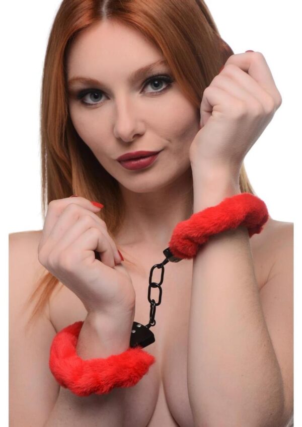 Master Series Cuffed in Fur Furry Handcuffs - Red - Image 4