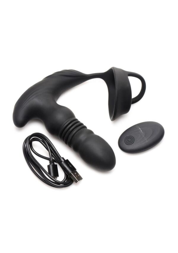 Thunder Plugs Rechargeable 10X Thrusting Silicone Vibrator with Cock and Ball Strap - Black - Image 3