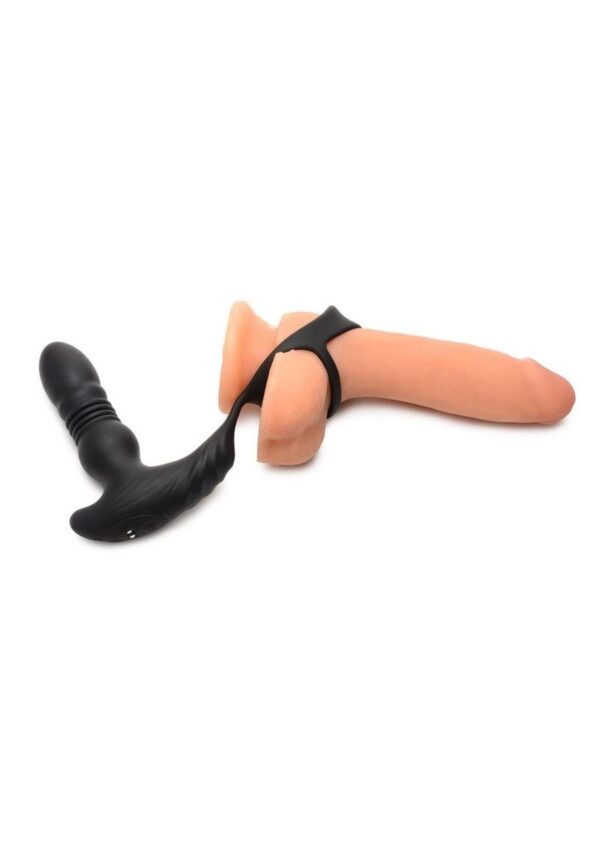 Thunder Plugs Rechargeable 10X Thrusting Silicone Vibrator with Cock and Ball Strap - Black - Image 4