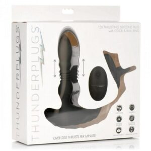 Thunder Plugs Rechargeable 10X Thrusting Silicone Vibrator with Cock and Ball Strap - Black