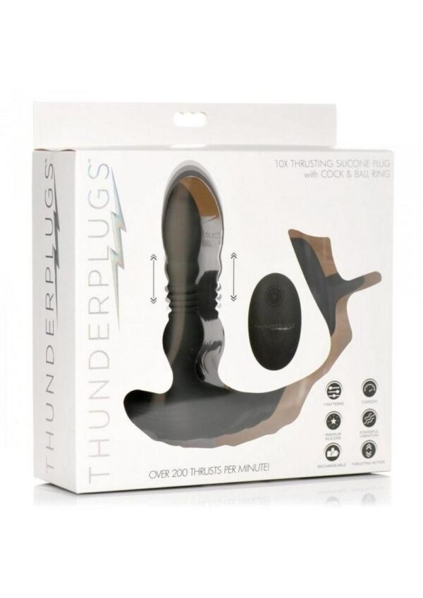 Thunder Plugs Rechargeable 10X Thrusting Silicone Vibrator with Cock and Ball Strap - Black