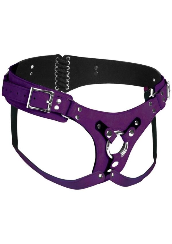 Strap U Bodice Deluxe Leather Corset Harness - Purple - Image 2