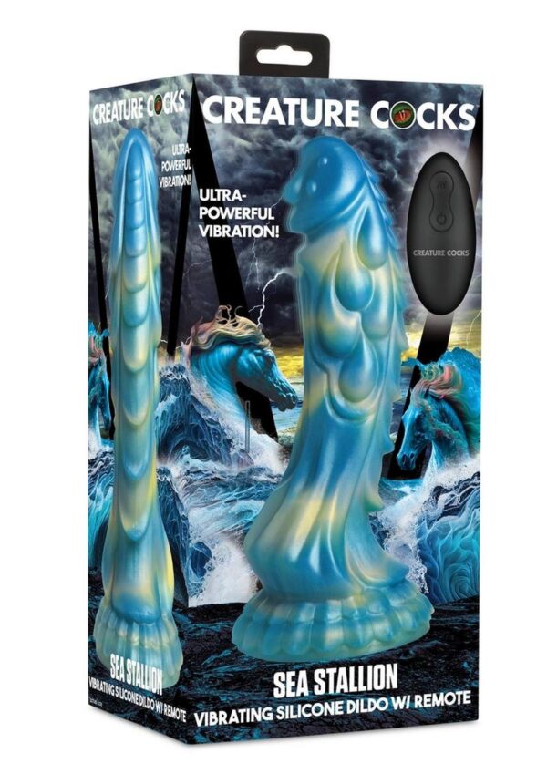 Creature Cocks Sea Stallion Silicone Rechargeable Dildo with Remote Control - Blue/Yellow