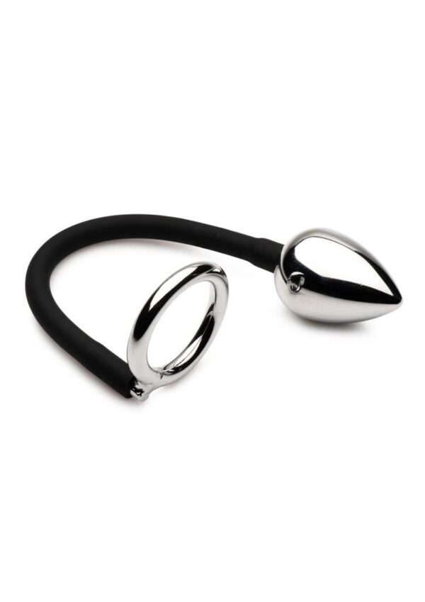Master Series Tug + Plug Aluminum Cock and Ball Ring with Anal Plug - Black/Silver - Image 2