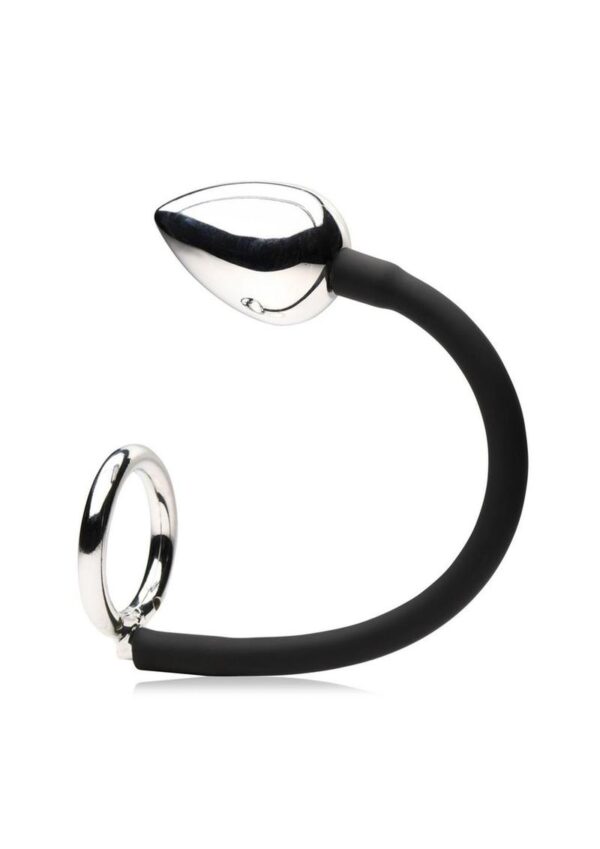 Master Series Tug + Plug Aluminum Cock and Ball Ring with Anal Plug - Black/Silver - Image 3