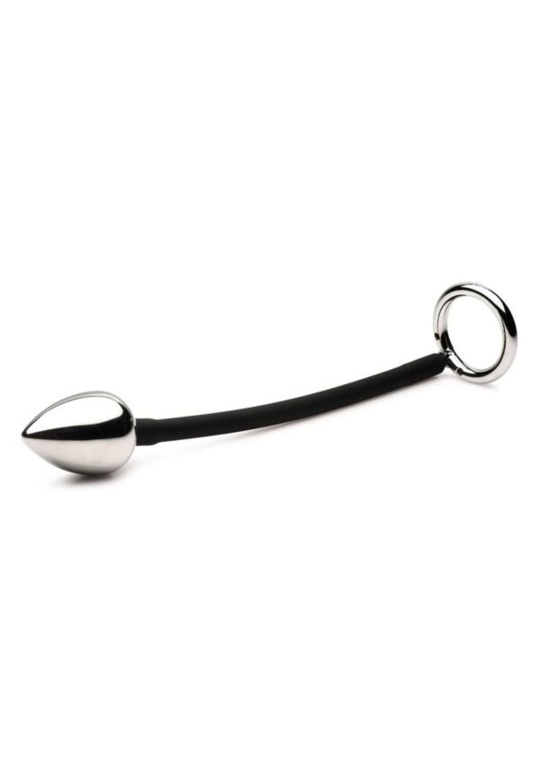 Master Series Tug + Plug Aluminum Cock and Ball Ring with Anal Plug - Black/Silver - Image 4