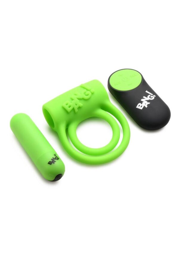 Bang! 28X Glow in The Dark Rechargeable Silicone Cock Ring with Remote Control - Green - Image 2