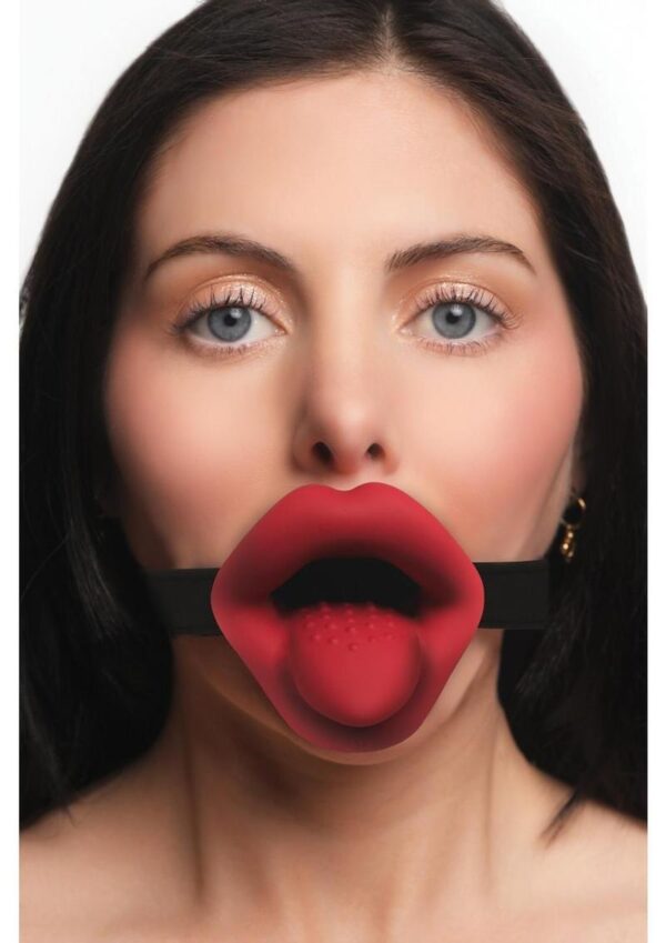 Master Series Vibrating Sissy Rechargeable Silicone Mouth Gag - Red/Black - Image 2