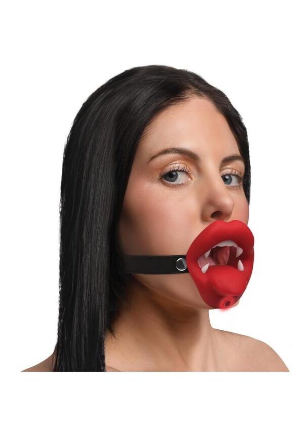 Master Series Vampire Vibrating Rechargeable Silicone Mouth Gag - Red - Image 3
