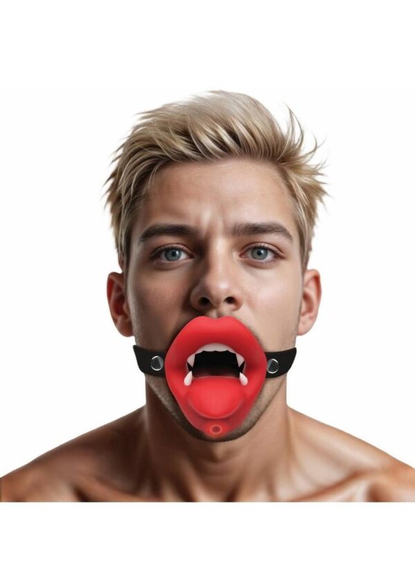 Master Series Vampire Vibrating Rechargeable Silicone Mouth Gag - Red - Image 4